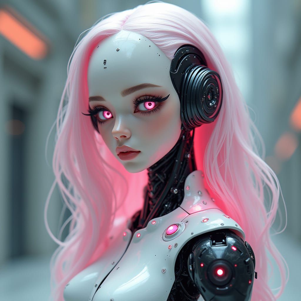 Cybernetic Goddess with Pastel Pink Hair and Chrome Steel Bo...