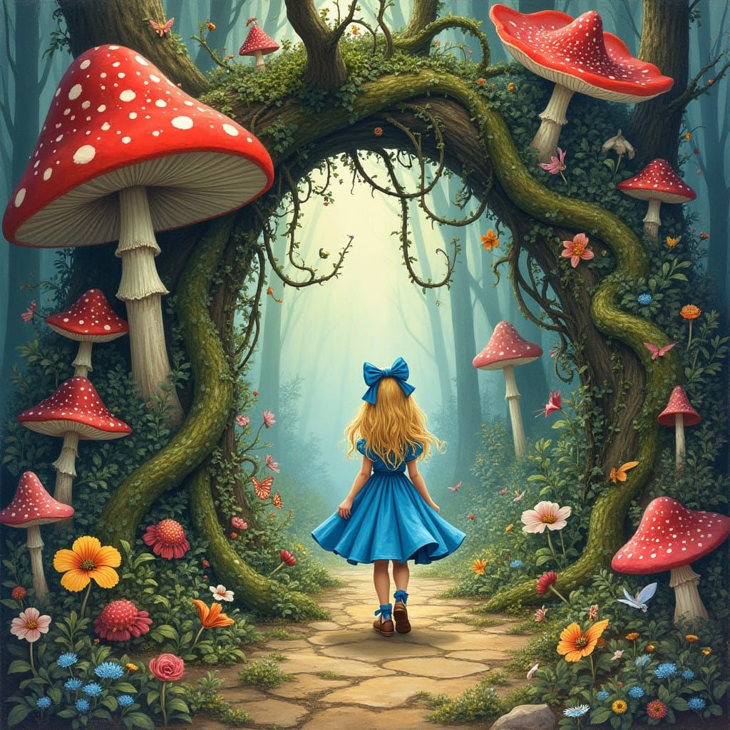 Alice Stepping into Dreamlike Wonderland Scene
