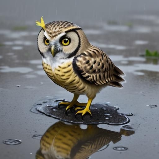 Tiny Owl in Yellow Boots Standing in Puddle