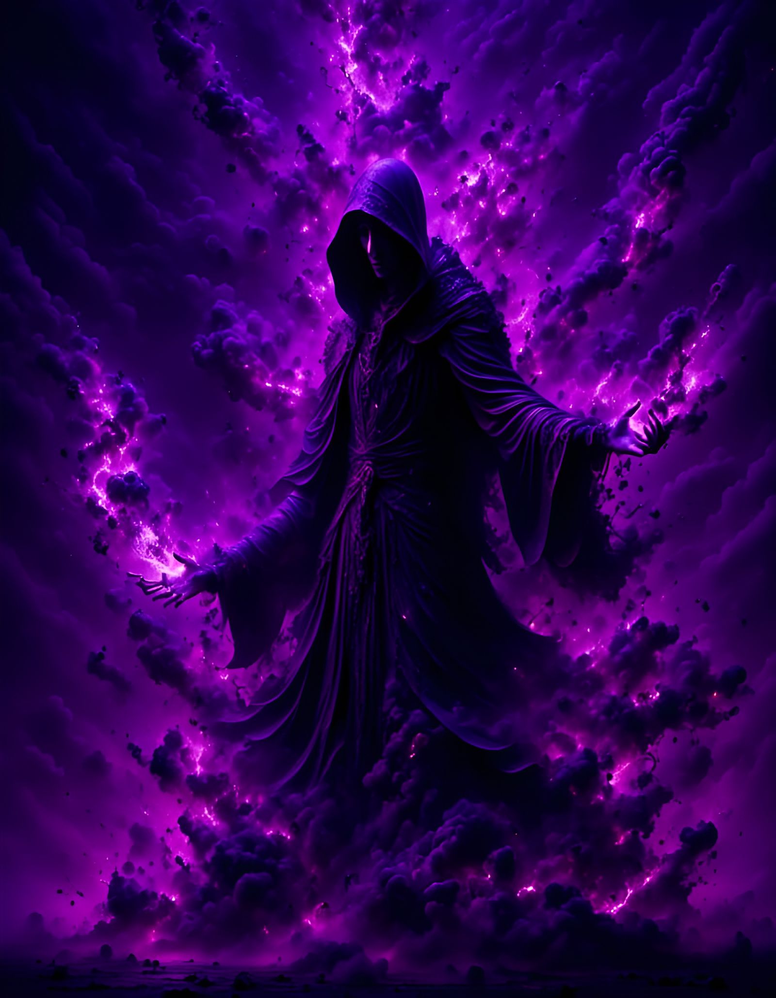 Hooded Figure Casting Purple Magic in Neon Lights