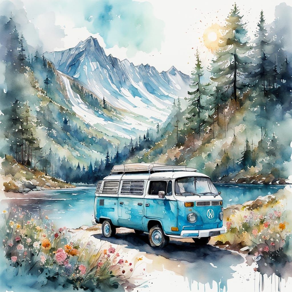 Volkswagen Camper Van by Lakeside Forest in Watercolor Art