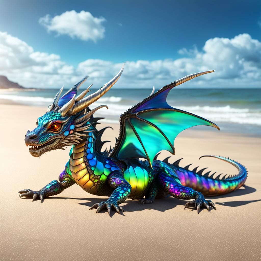 Iridescent Opal Dragon Relaxing on Beach: Digital Painting