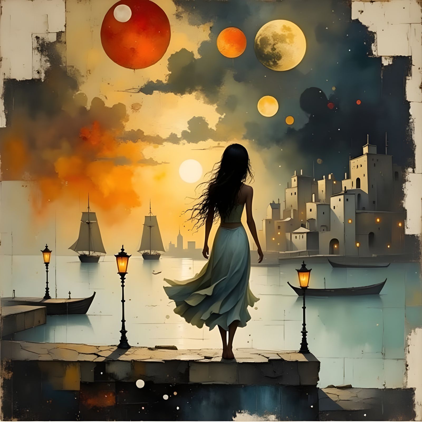 Sailing Ships Docking at Sunset, Oil Painting Style