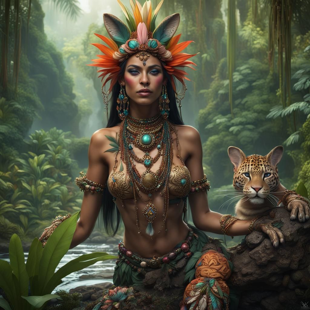 Bunny Jaguar Woman in Tropical Jungle Art