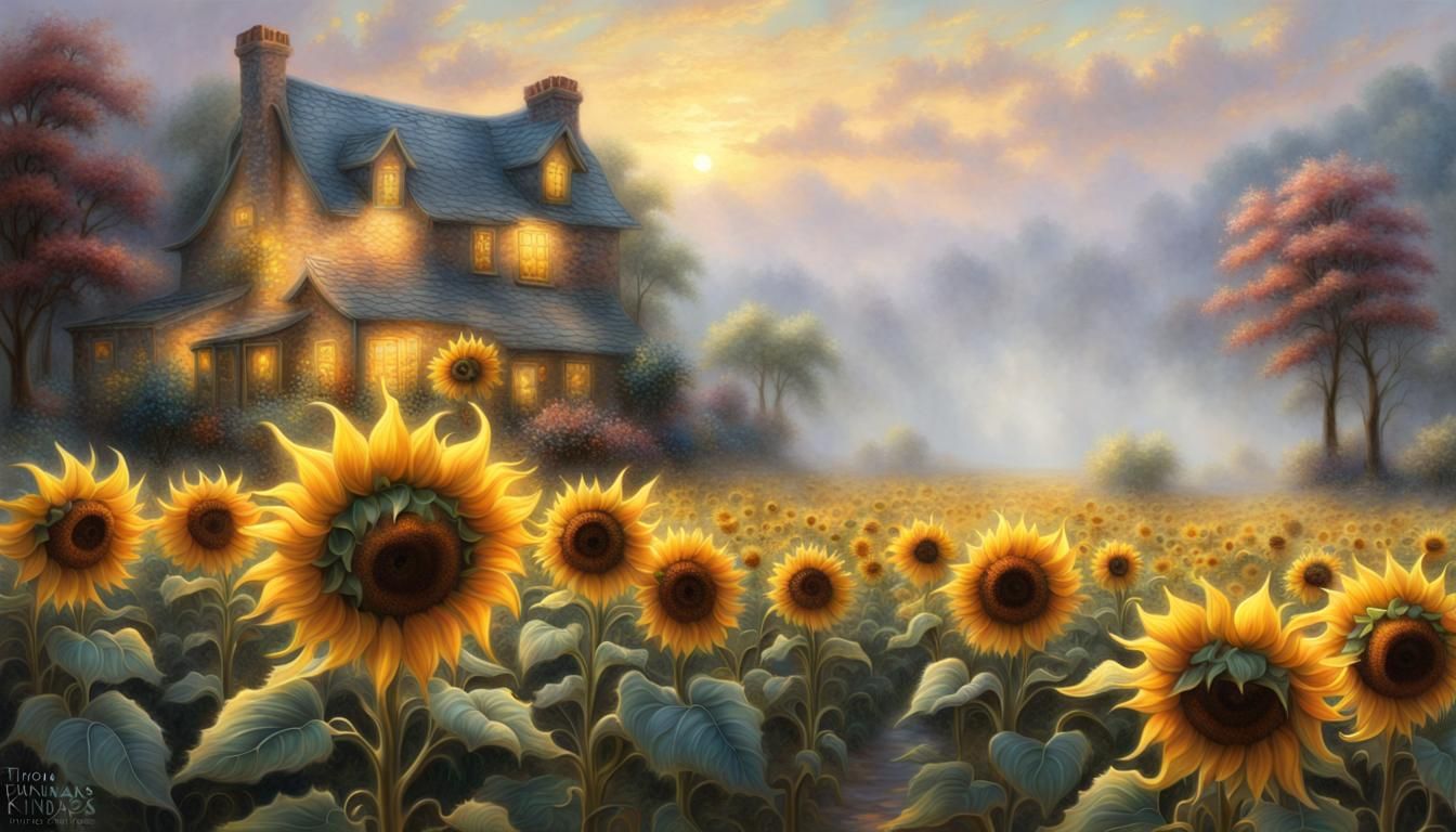 Ethereal 3D Sunflowers in a Fantasy Landscape