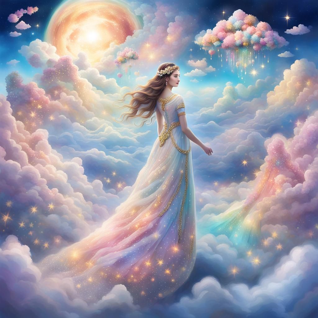 Goddess of Clouds in Rainbow Hued Sky