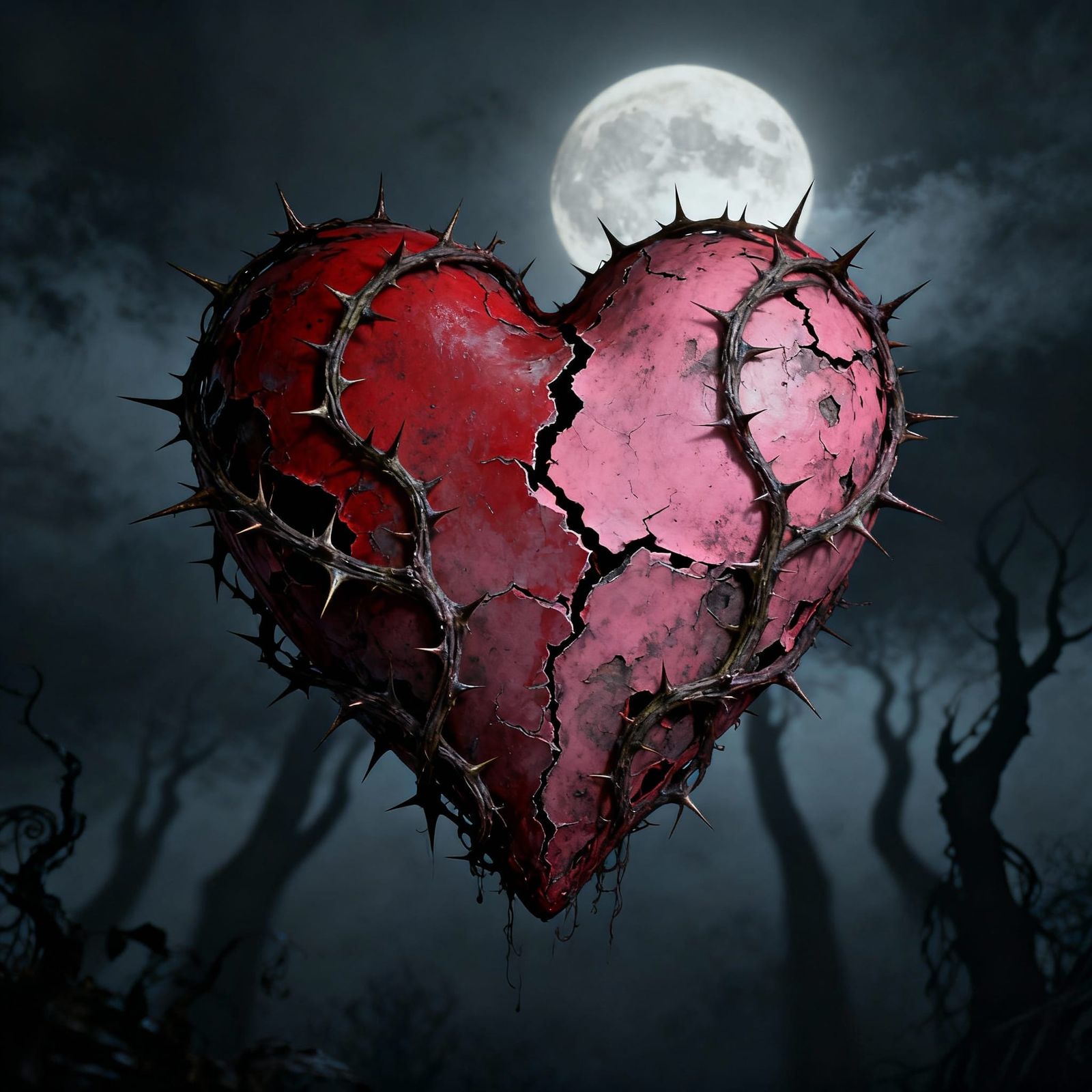 Decaying Valentine Heart Under Eerie Moonlight