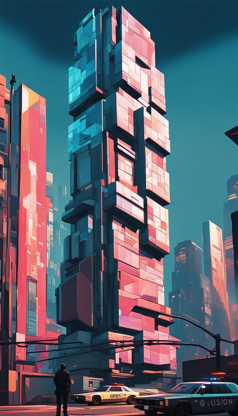 Cyberpunk Corporate Tower in Cubist Style