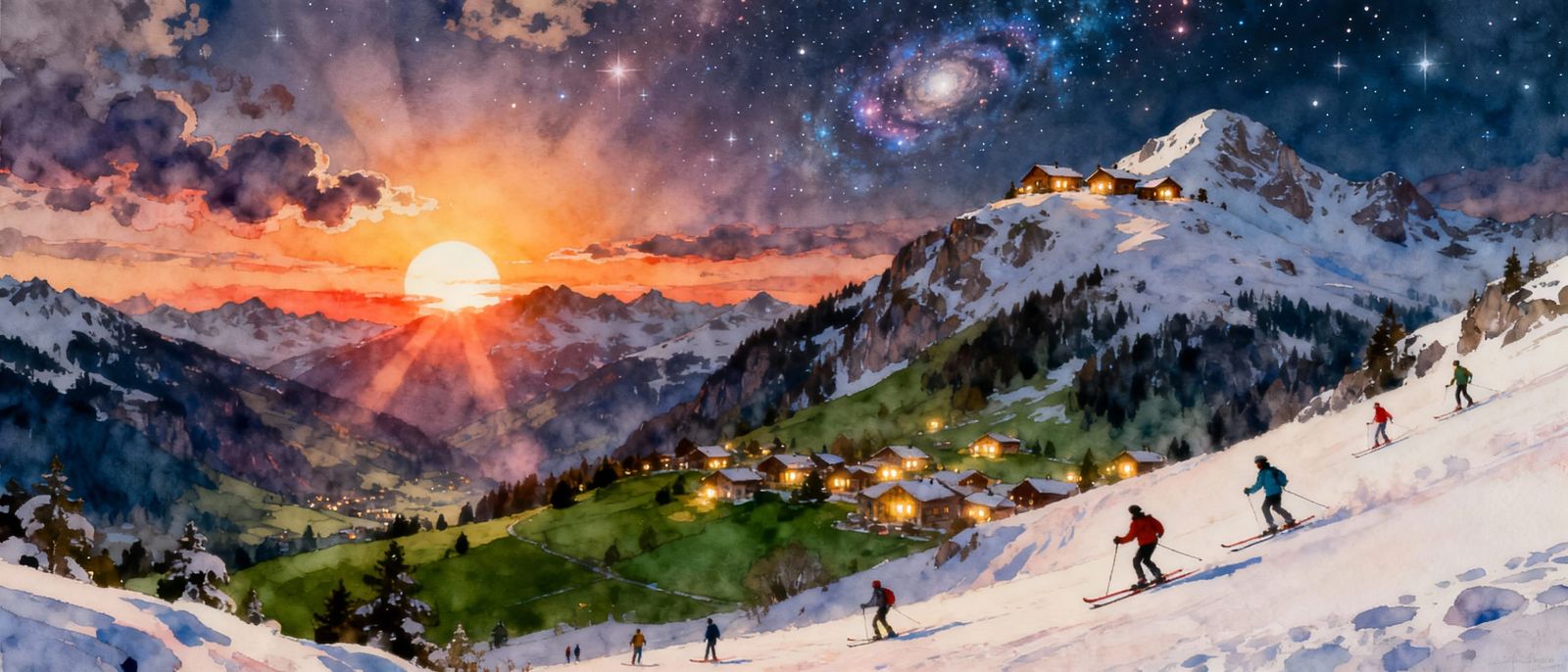 Sunrise Over Swiss Alps With Villages And Skiers