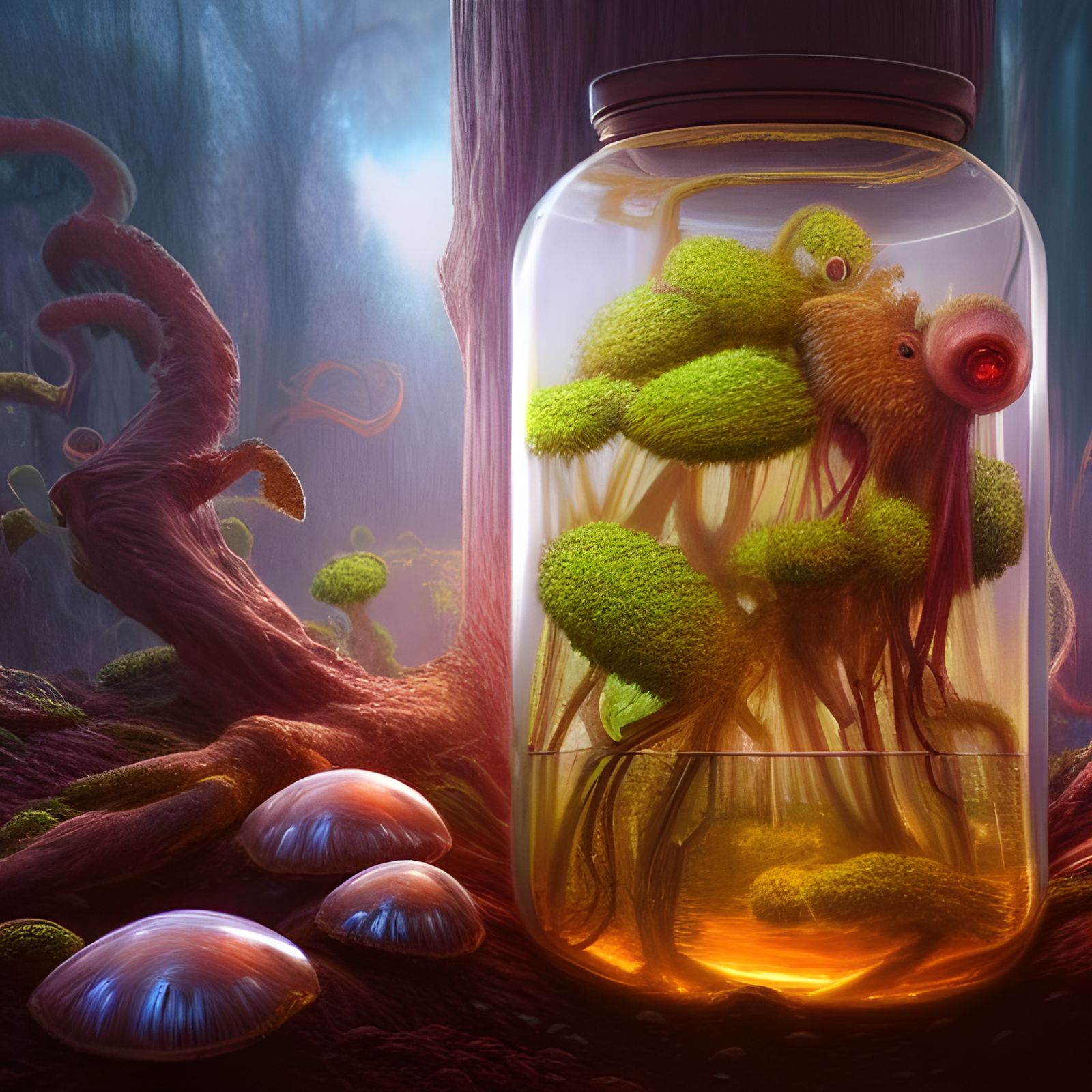 Fungus Creatures in Glass Jar: Hyperrealistic Fantasy Art
