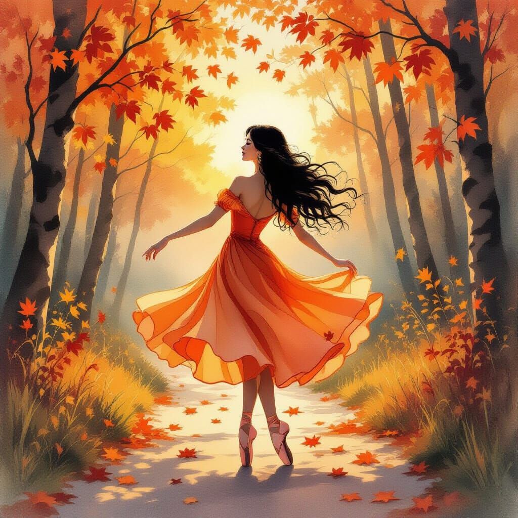Autumn Ballerina in Watercolor Dreamscape