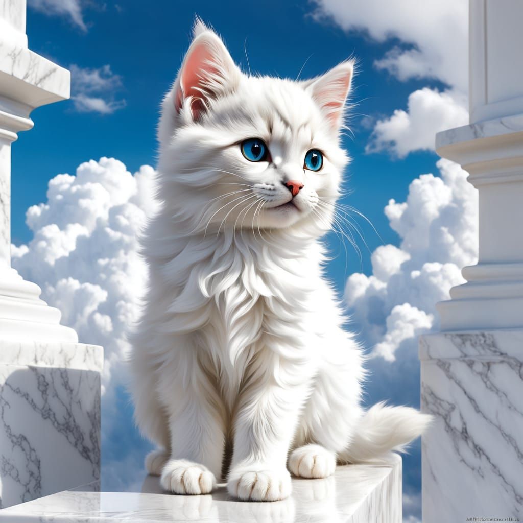 Whimsical Kitten on Marble in Ethereal Setting