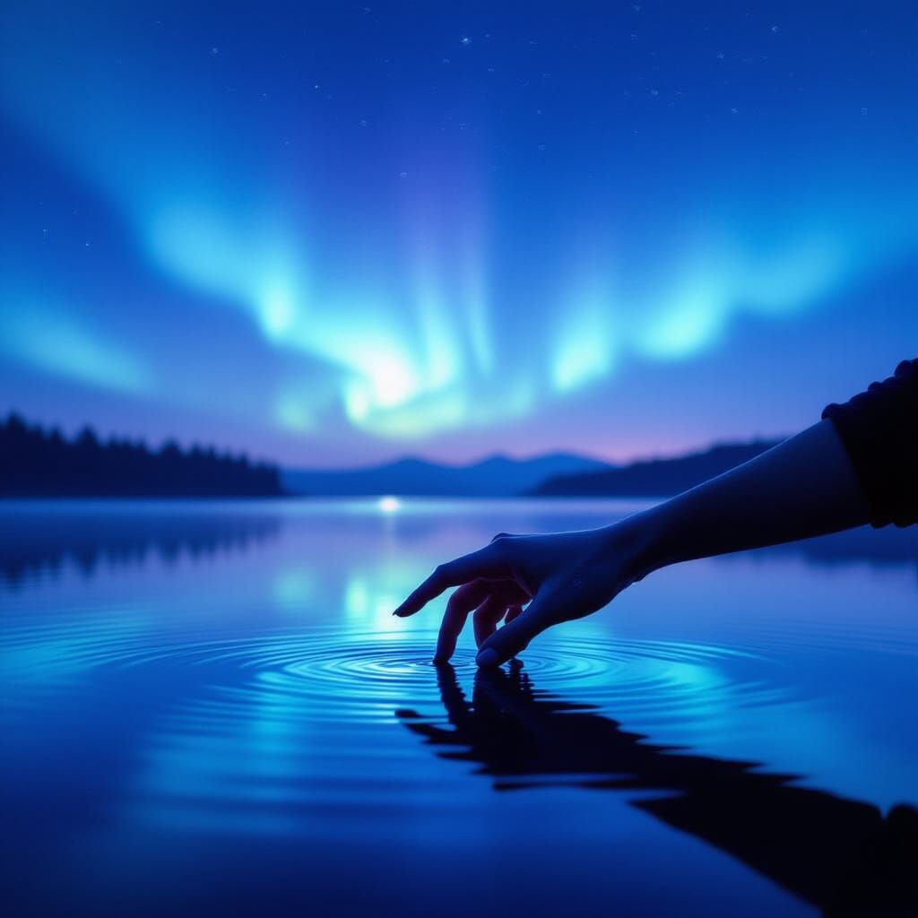 Weathered Hand Touches Still Lake Under Cyberpunk Aurora