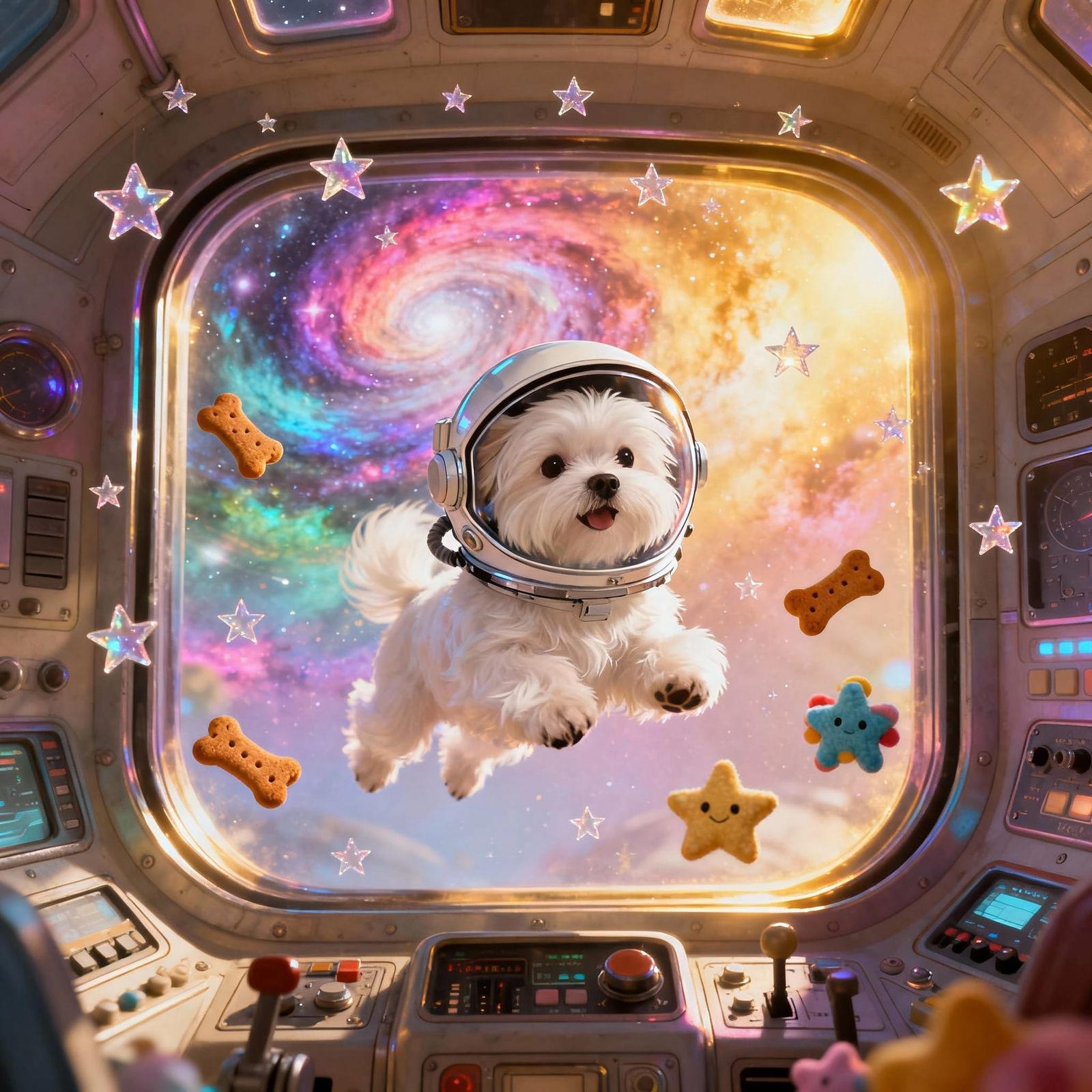 Maltese Astronaut Dog Floats in Retro Spaceship