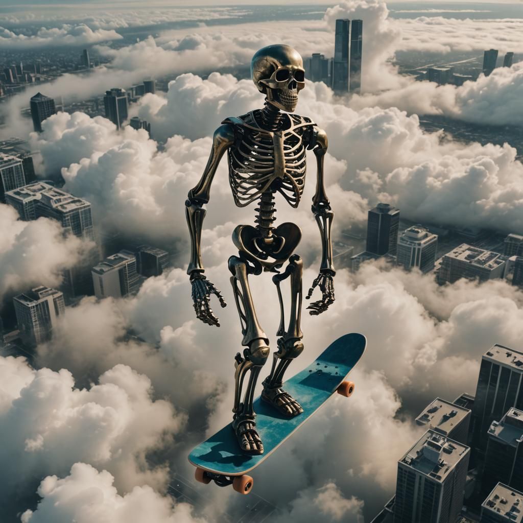 Metallic Skeleton Skateboarding in Clouds Above Future City