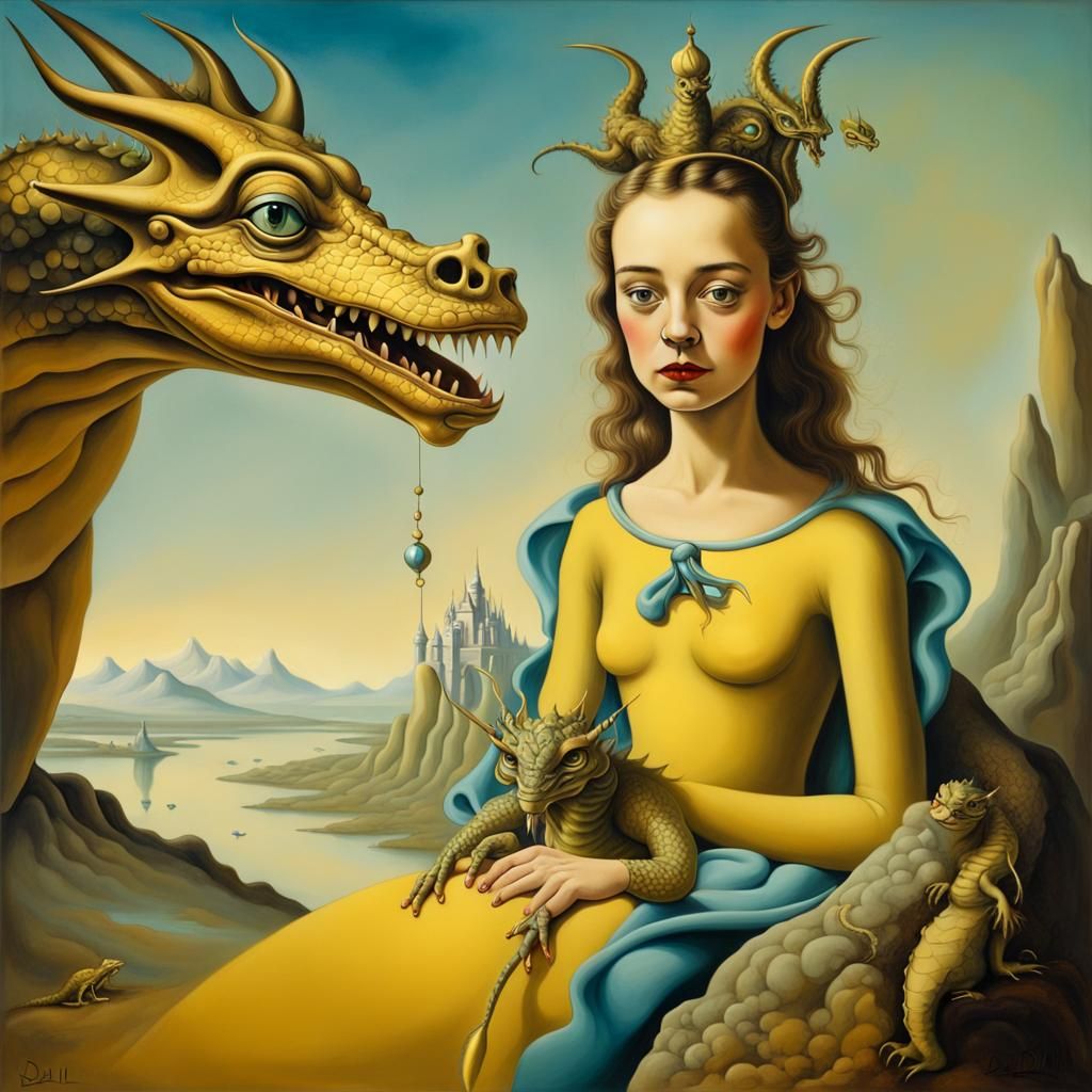 Enchanting Princess and Dragon in Surreal Oil Painting