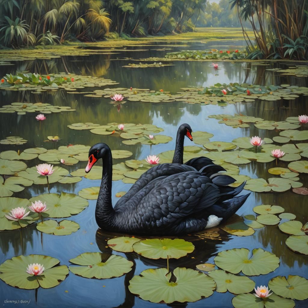 Black Swan in Lotus Pond: Oil Painting