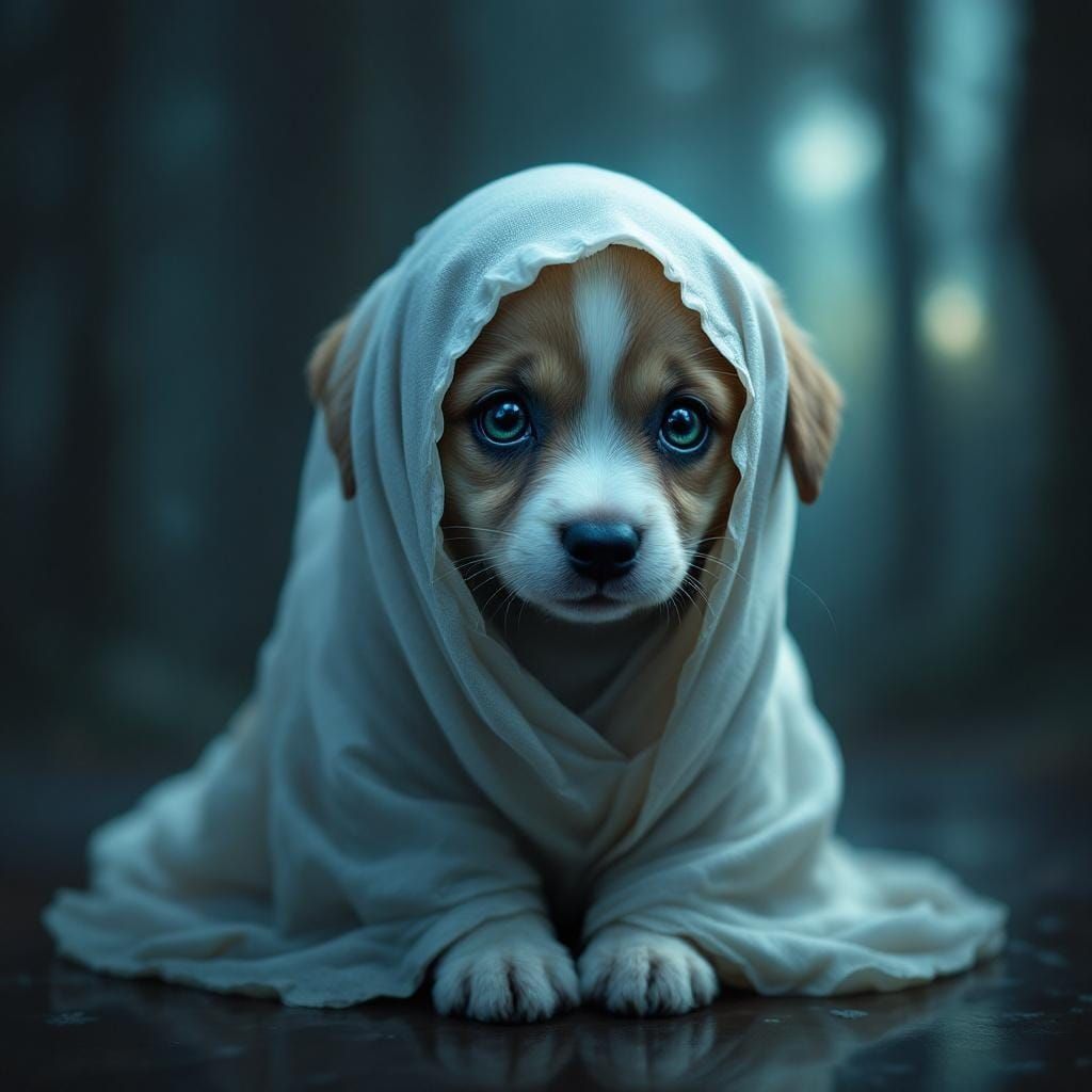 Adorable Ghost Puppy in Dark Fantasy Style