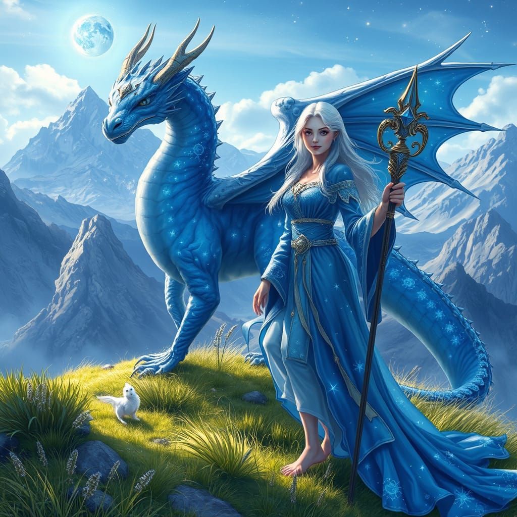 Elira the Skyseer and Dragon in Ethereal Style