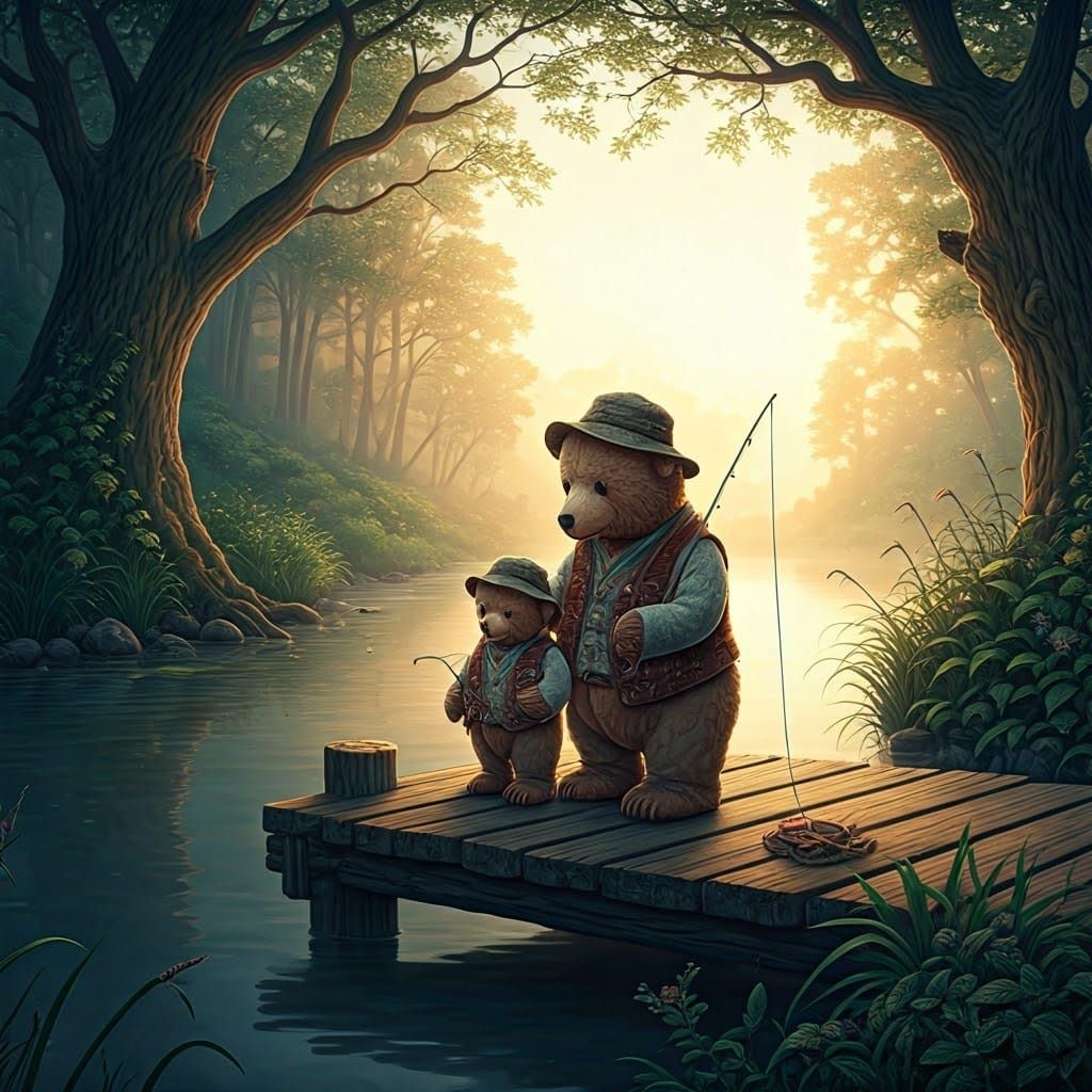 Teddy Bear Father and Son Fishing in Fantasy Landscape