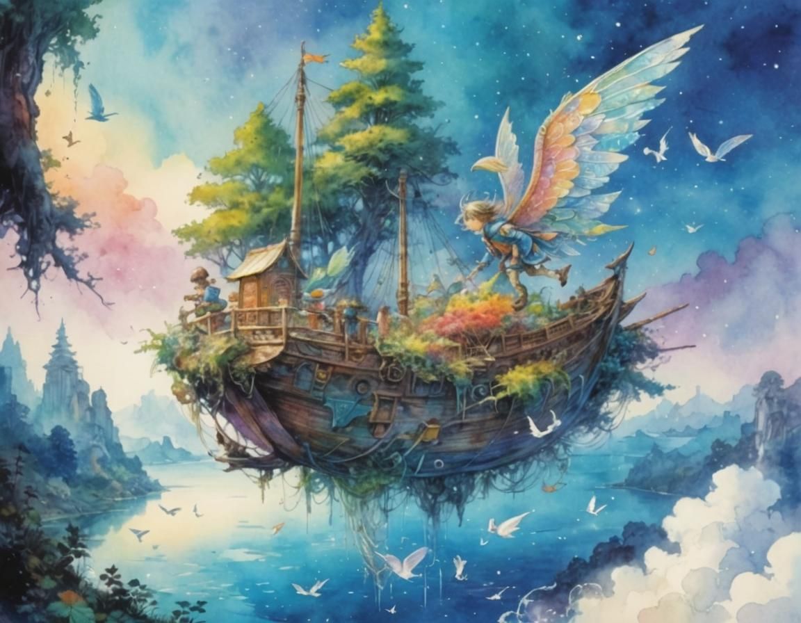 Flying Fantasy Boat in Psychedelic Watercolor Art