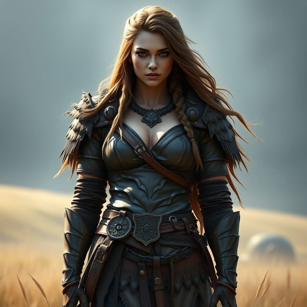 Ethereal Giantess in Leather Armor, Standing Tall in a Vibra...