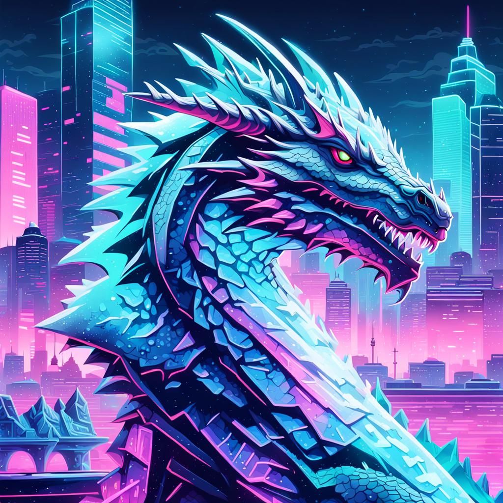 Neon Ice Dragon in Synthwave Cyberpunk Cityscape