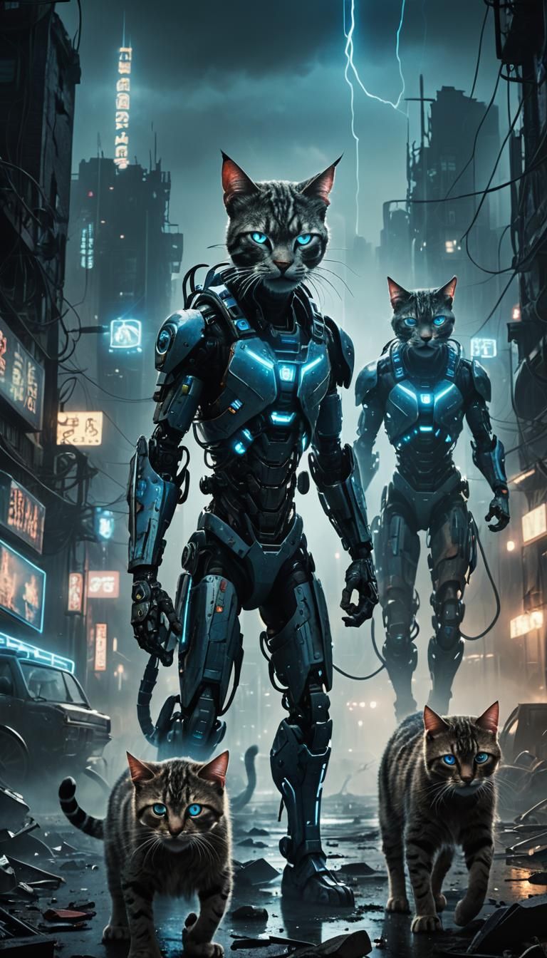 Dystopian Cyborg Cat Warriors in a Ruined City