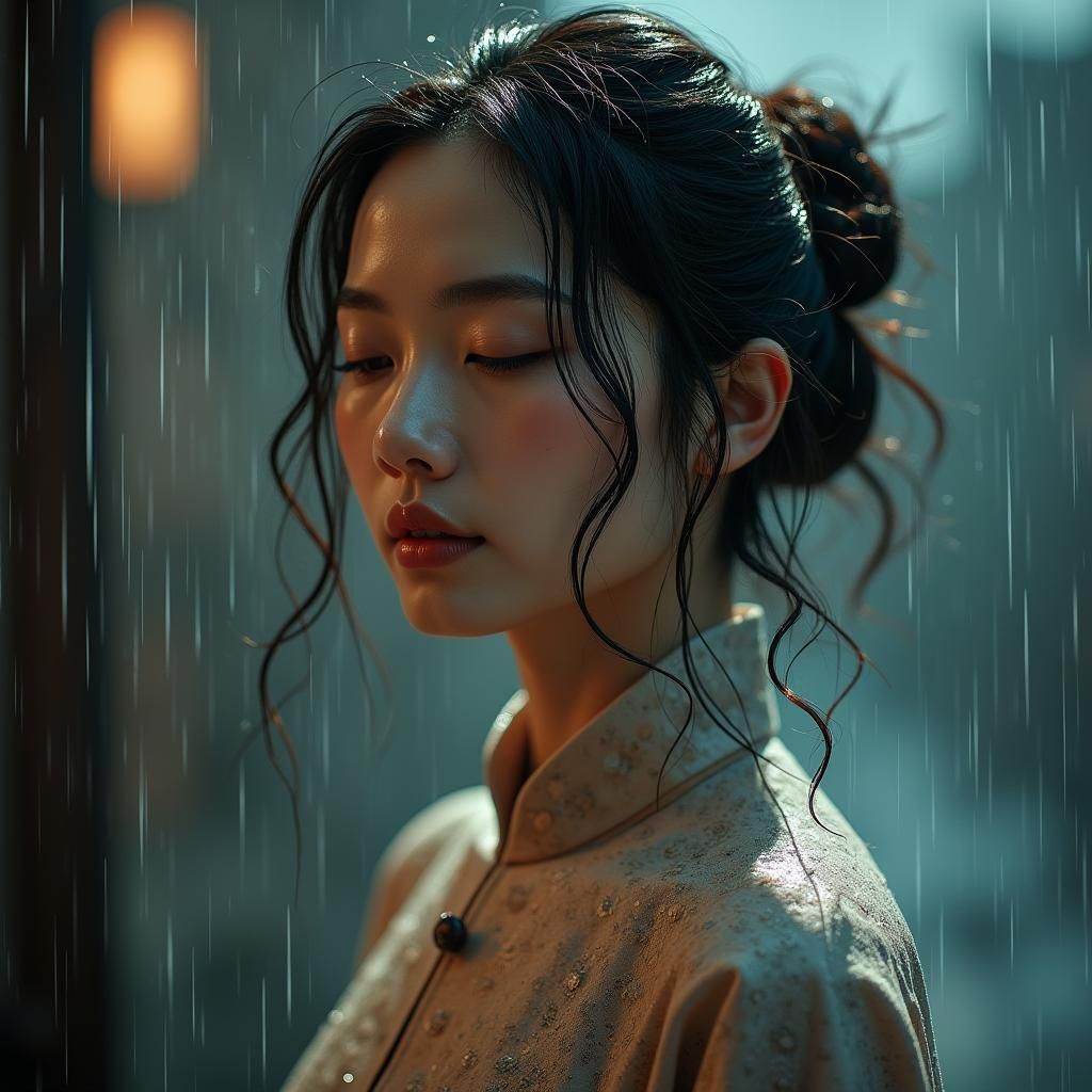 Asian Woman in Rain: Cinematic Portrait