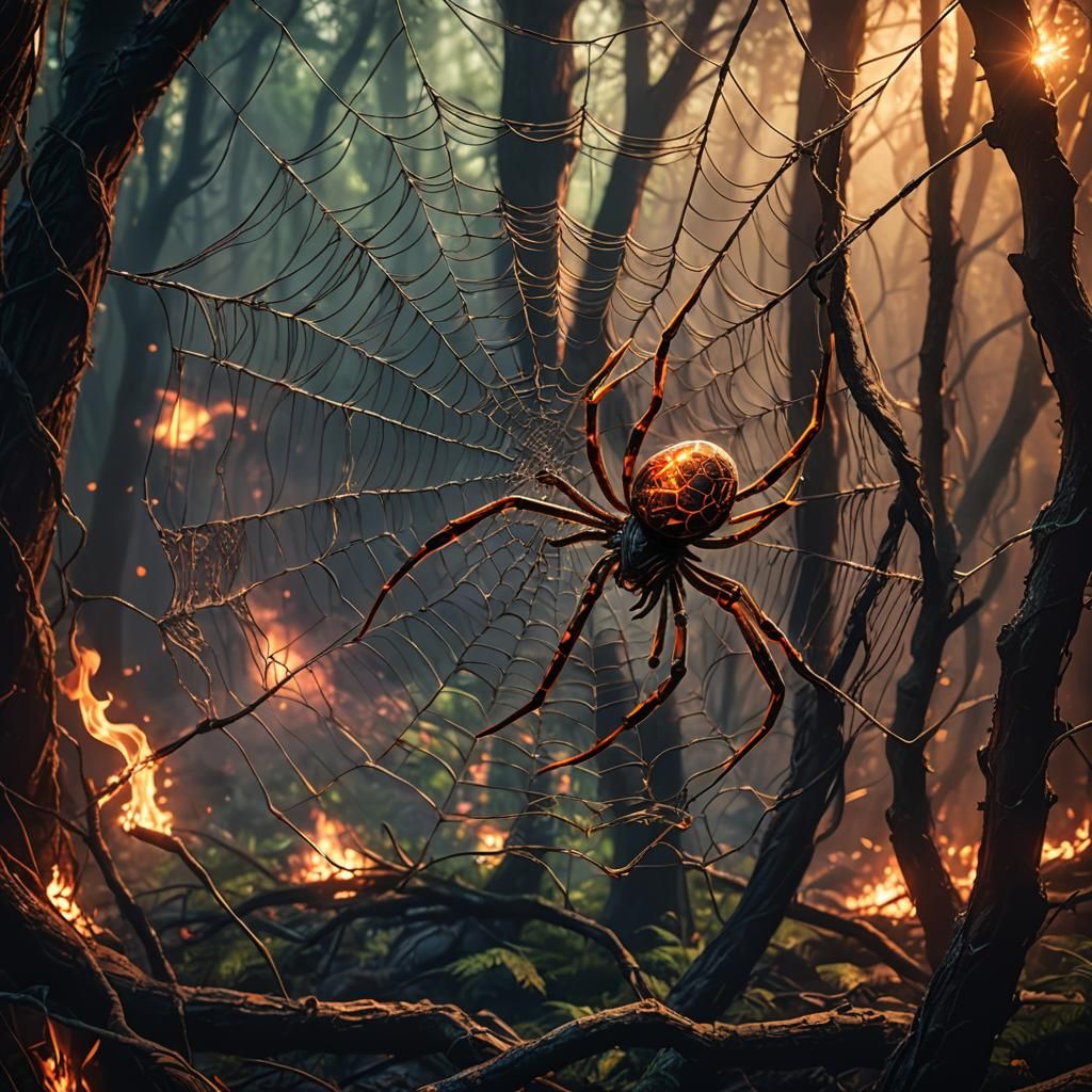 Fire Spider Weaving Web in Mystical Forest
