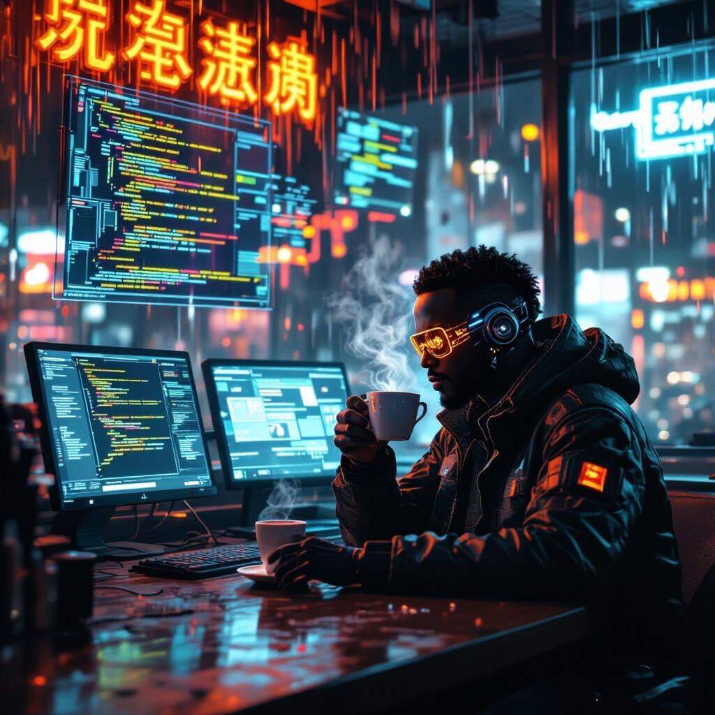 Cyberpunk Hacker in Neon Cafe: Syd Mead Aesthetic
