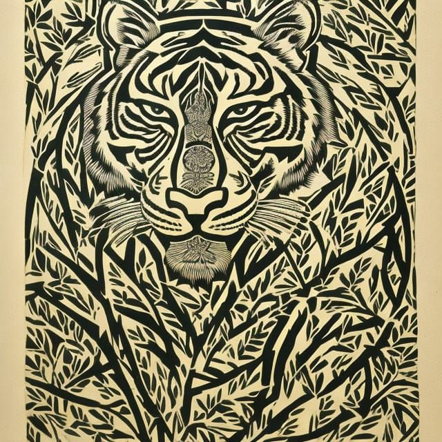 Tiger Peering Through Leaves: Linocut Print
