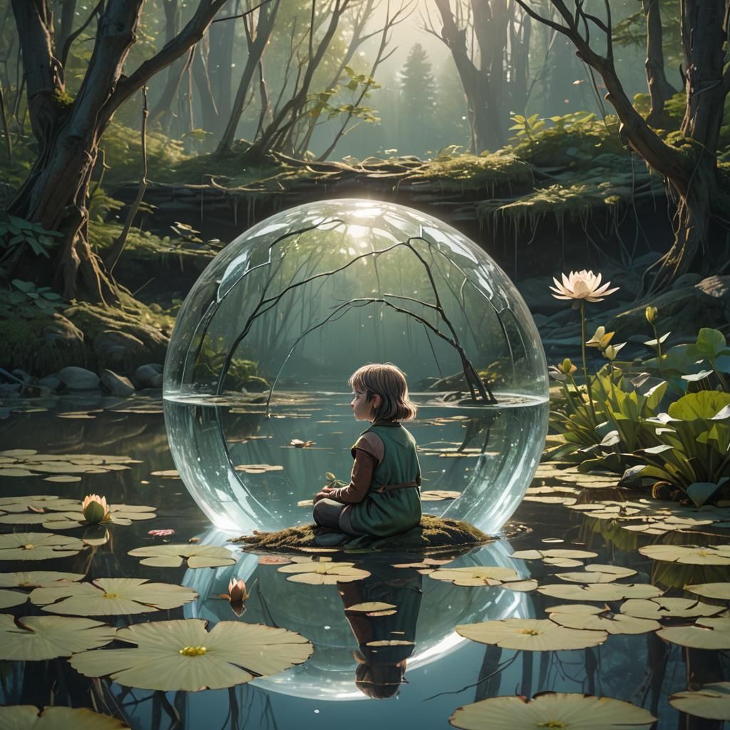 Frozen Girl in Sphere on Spring Pond: Matte Painting