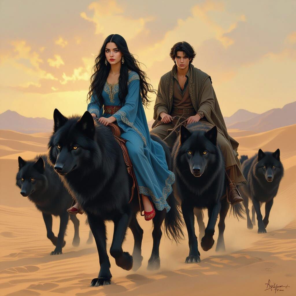 Girl Rides Black Wolf Through Desert Landscape