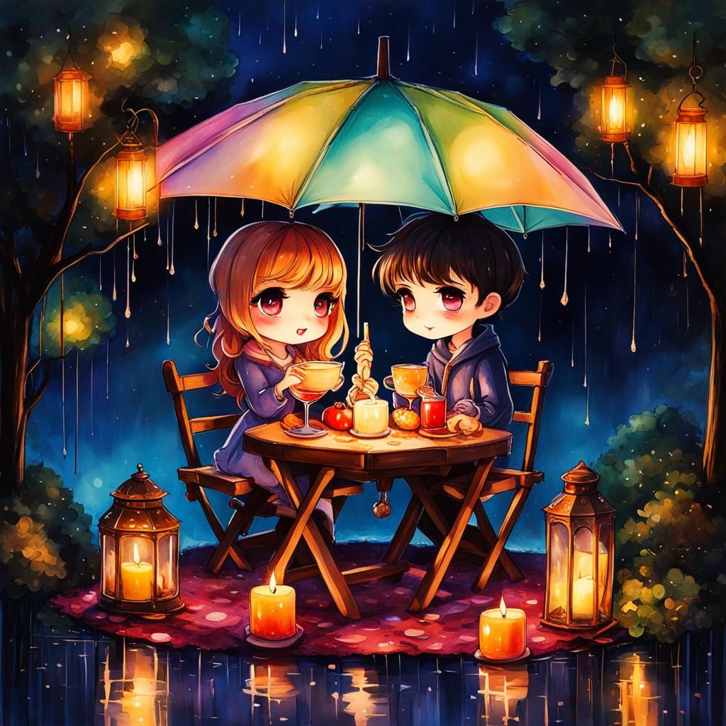 Chibi Couple 🌃🌌🕯🍽🕯🔮🌠🌟⭐☔🌈candlelight dinner , candle...