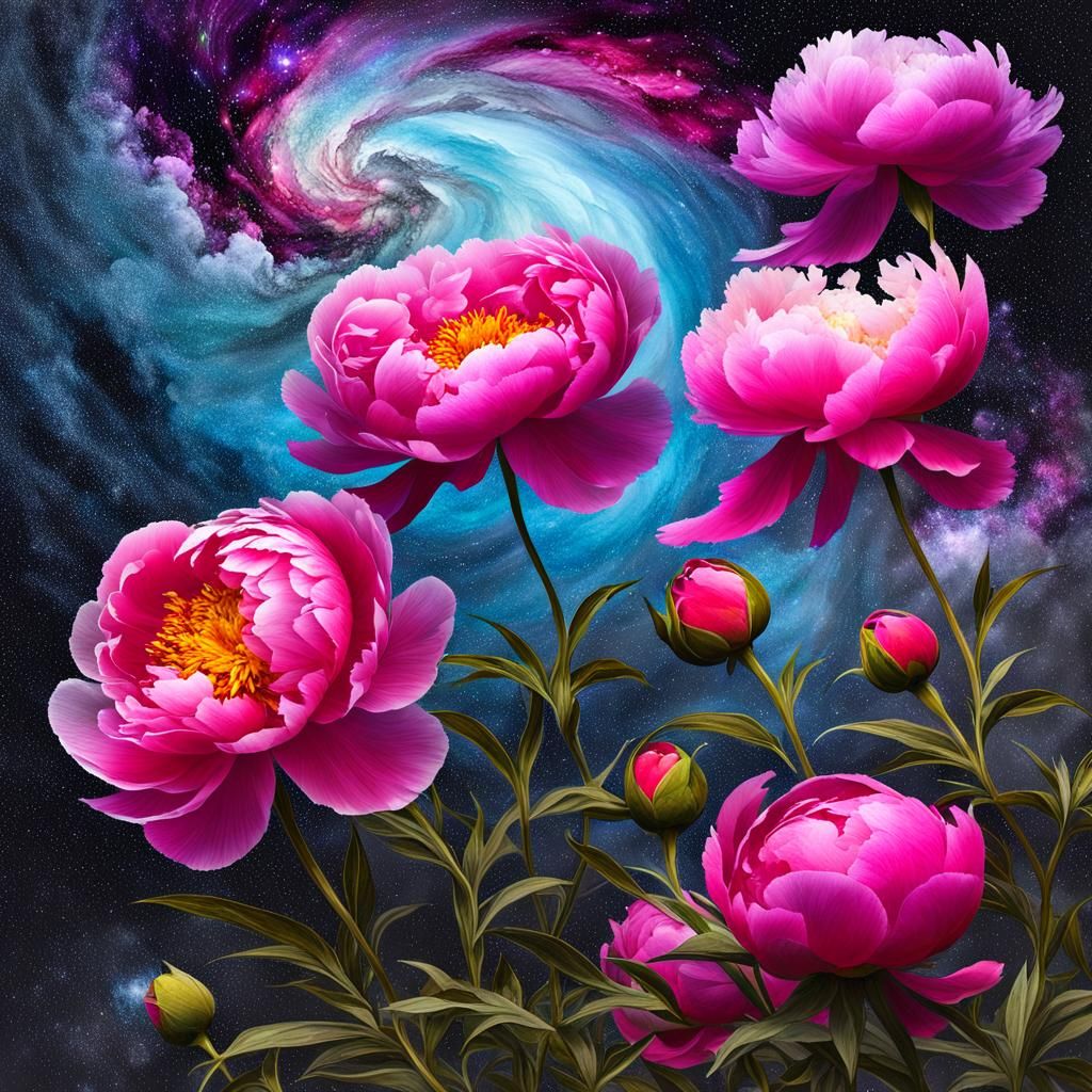 Colorful Peonies Hovering Over Nebulae Galaxy