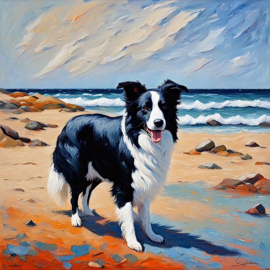 Border Collie on Beach: Expressionist Oil Painting