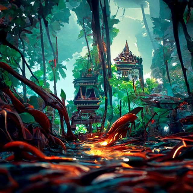 Lively Thai Jungle River and Temple Ruins