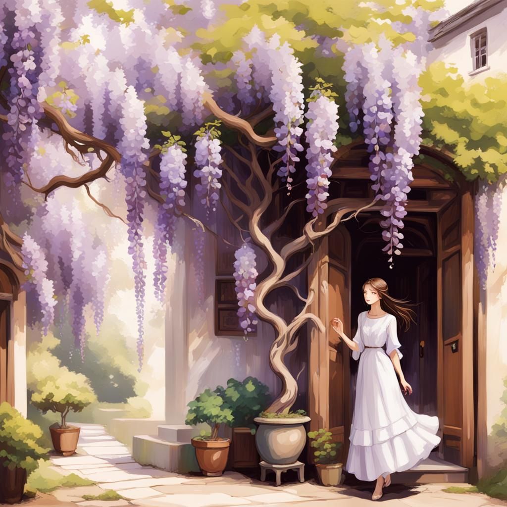 Wisteria hanging down from bonsai twisted tree. Humming bird...