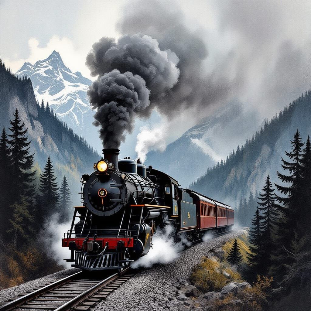 Steam Locomotive on Mountain Pass in Charcoal Style