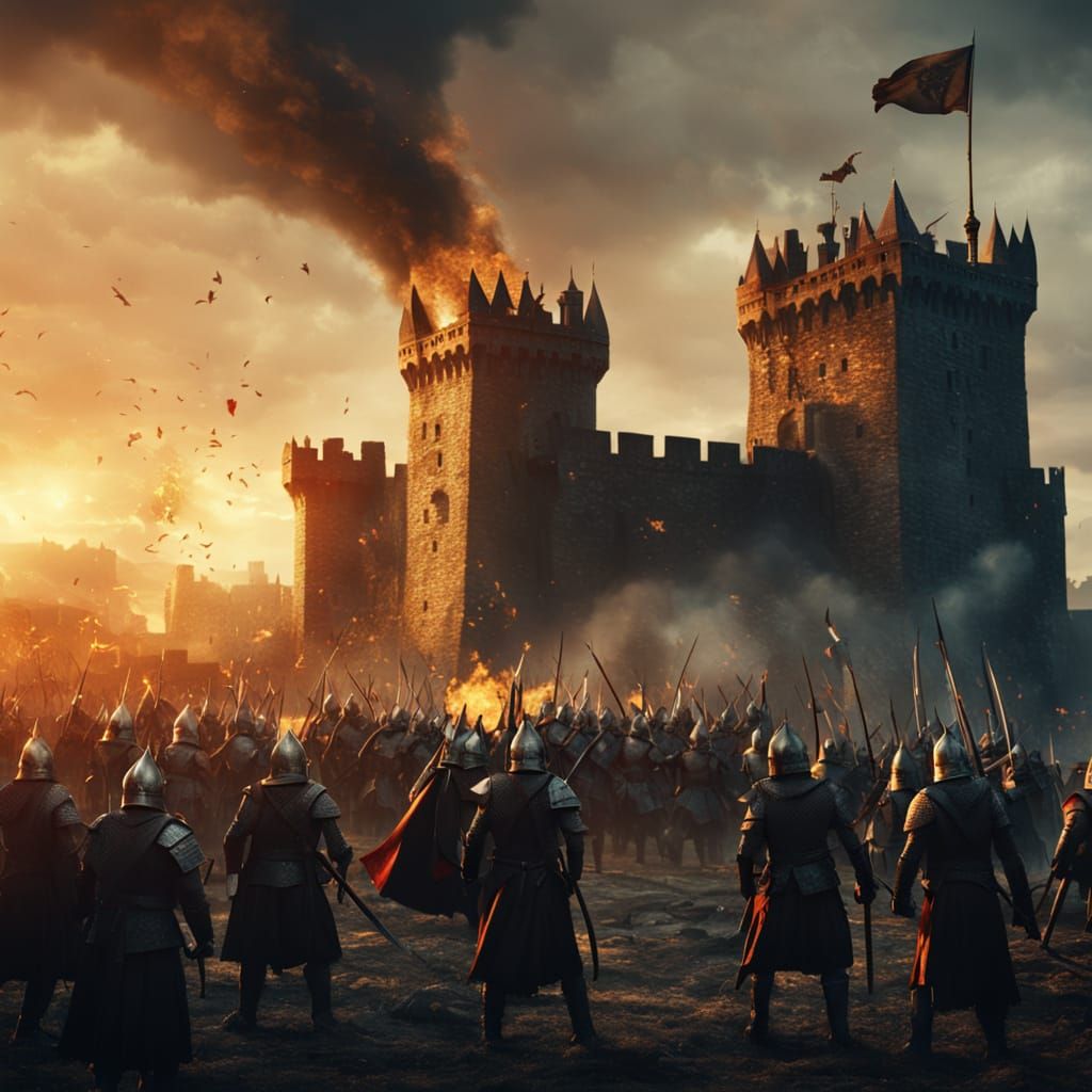 Epic Medieval Battlefield Scene in Golden Hour Lighting