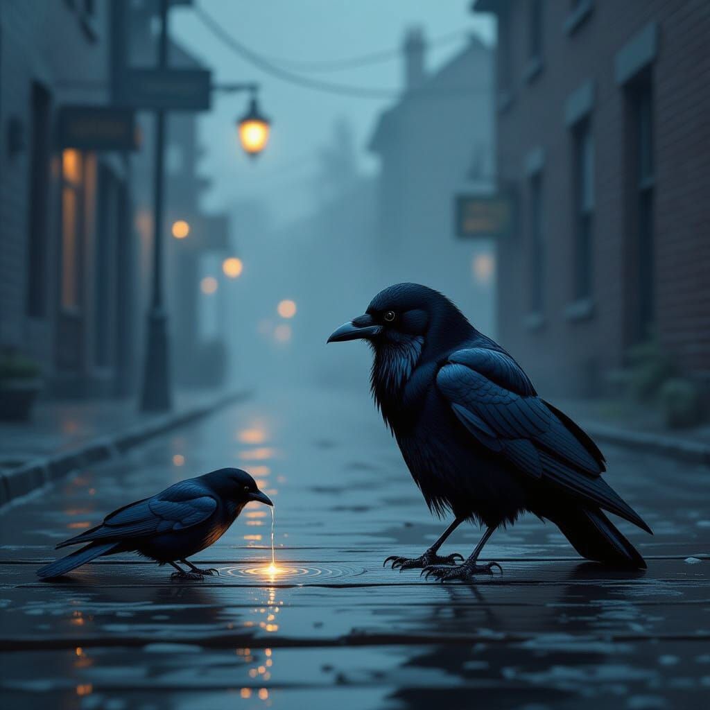 Hyperrealistic Crow Oil Painting in Moody Urban Dusk