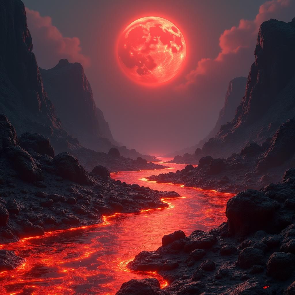 Post-Apocalyptic Lava River with Red Moon