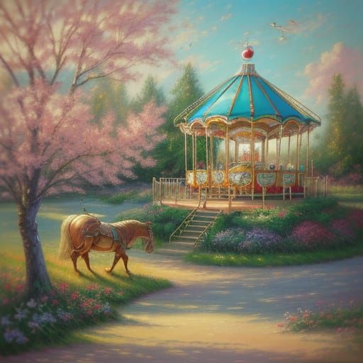 Dreamlike Carousel Oil Painting with Whimsical Animals
