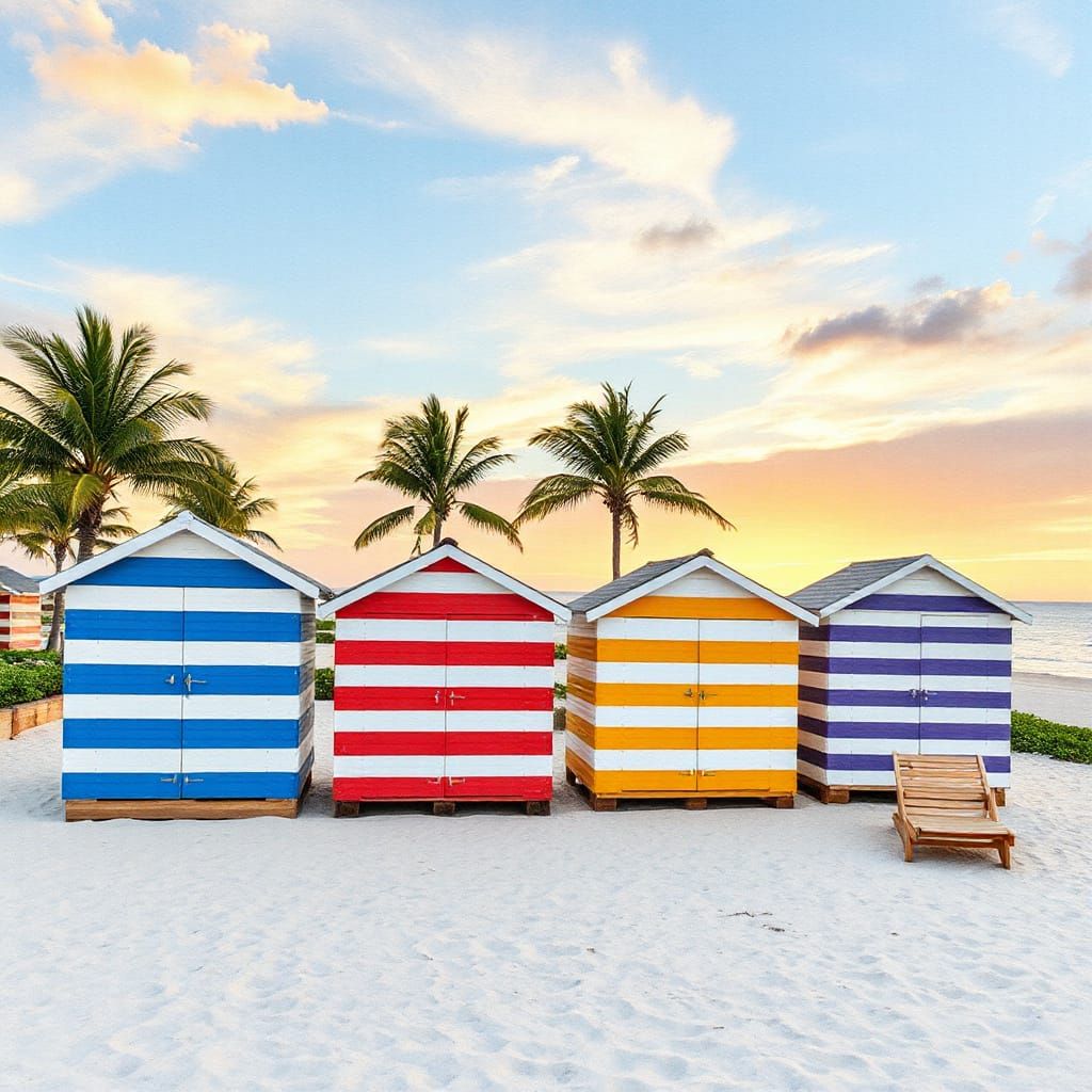 Vibrant Beach Huts in Striped Harmony