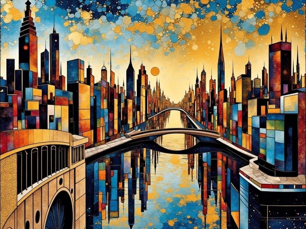 Surreal Cityscape in Neon Hues and Geometric Forms