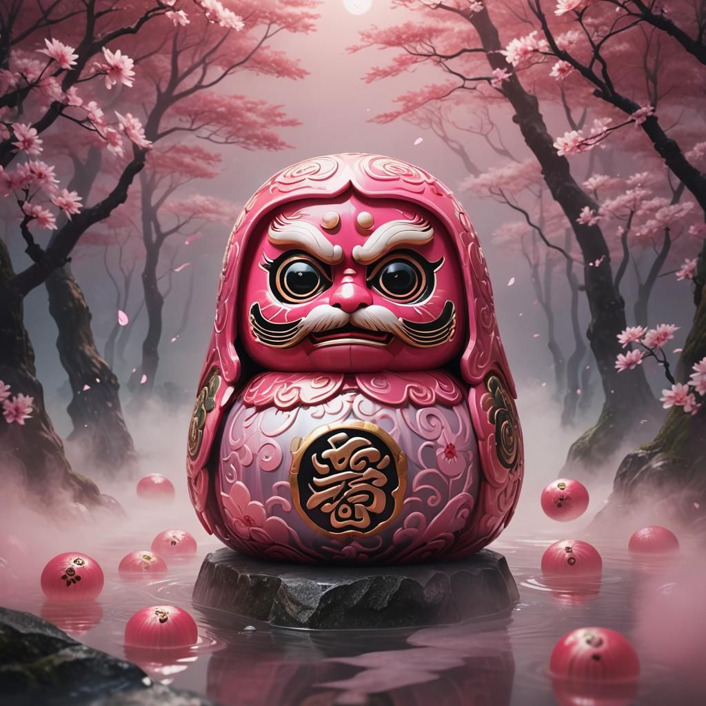 Pink Daruma in Serene Mist: Digital Concept Art