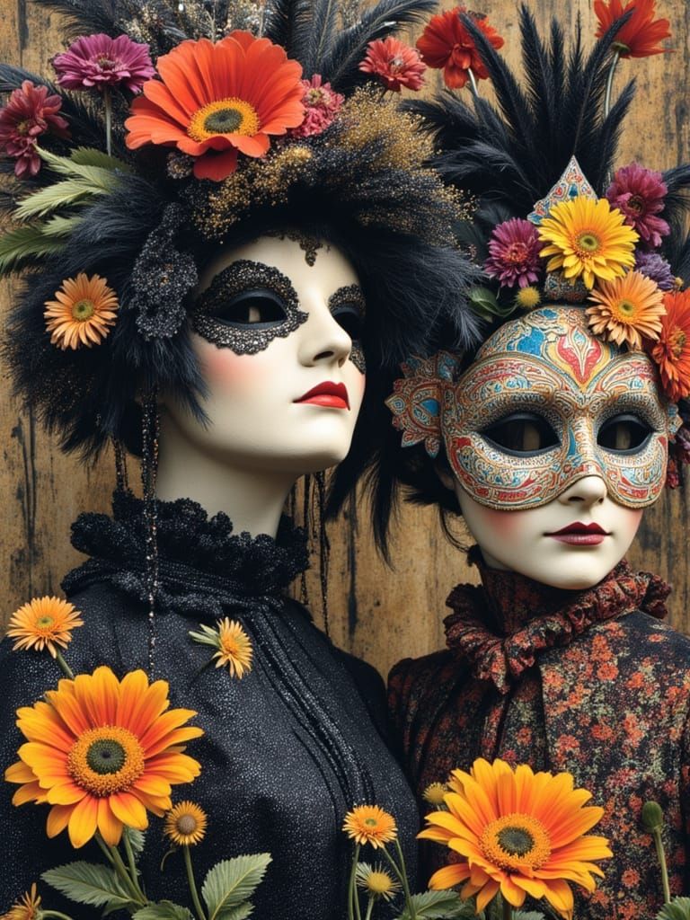 Vibrant Carnival Masks Collage in Klimt Style