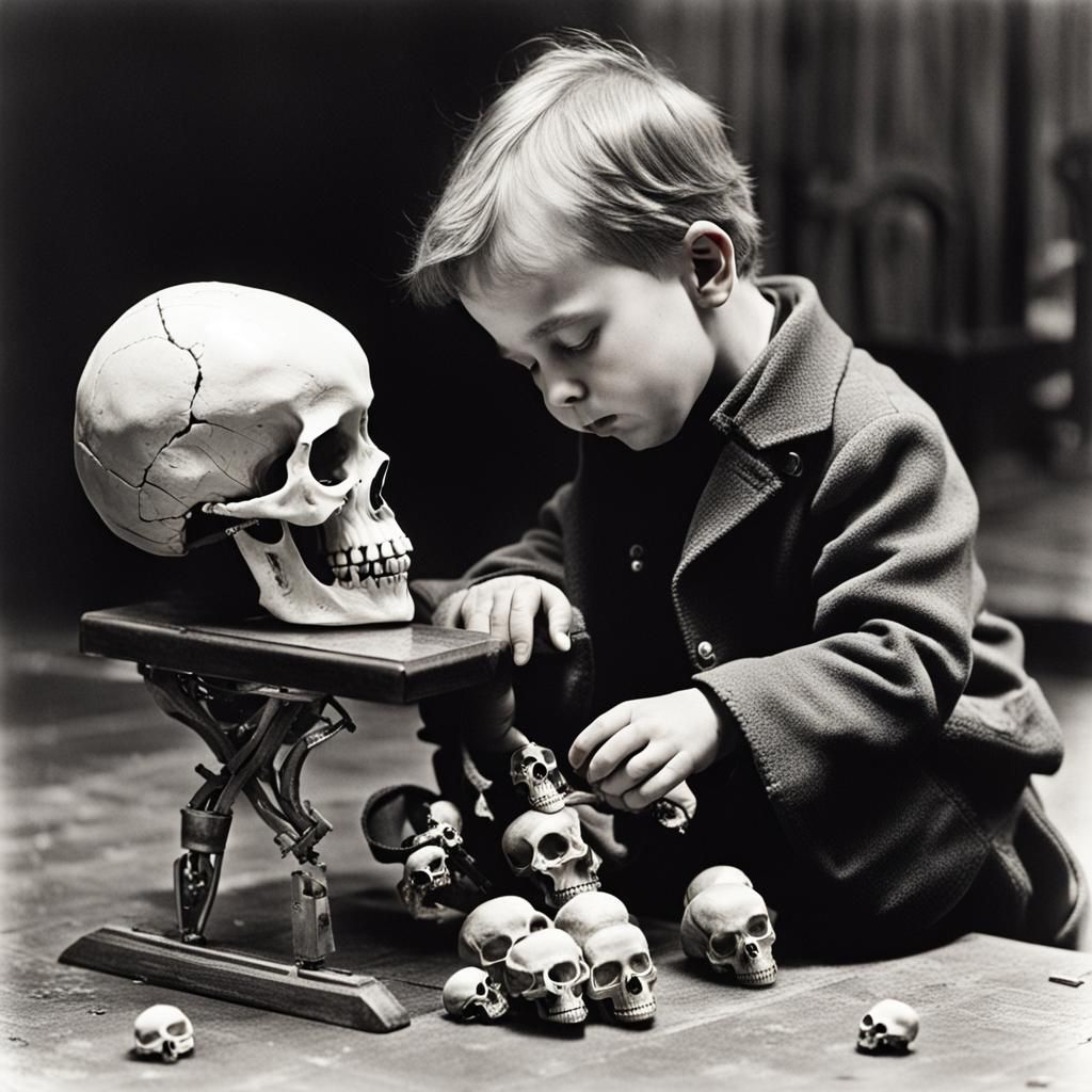 Child with Skull in Dark Cartoon Style