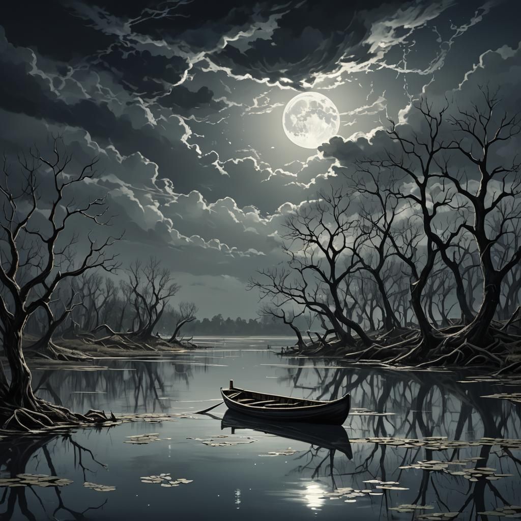 Rowboat on Pond Under Moonlight: Greg Rutkowski Style